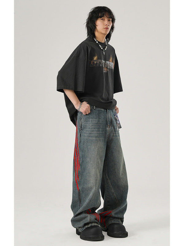 サイドラインワイドデニムパンツ サイドシルエット 着用イメージ ユニセックス ストリート High land