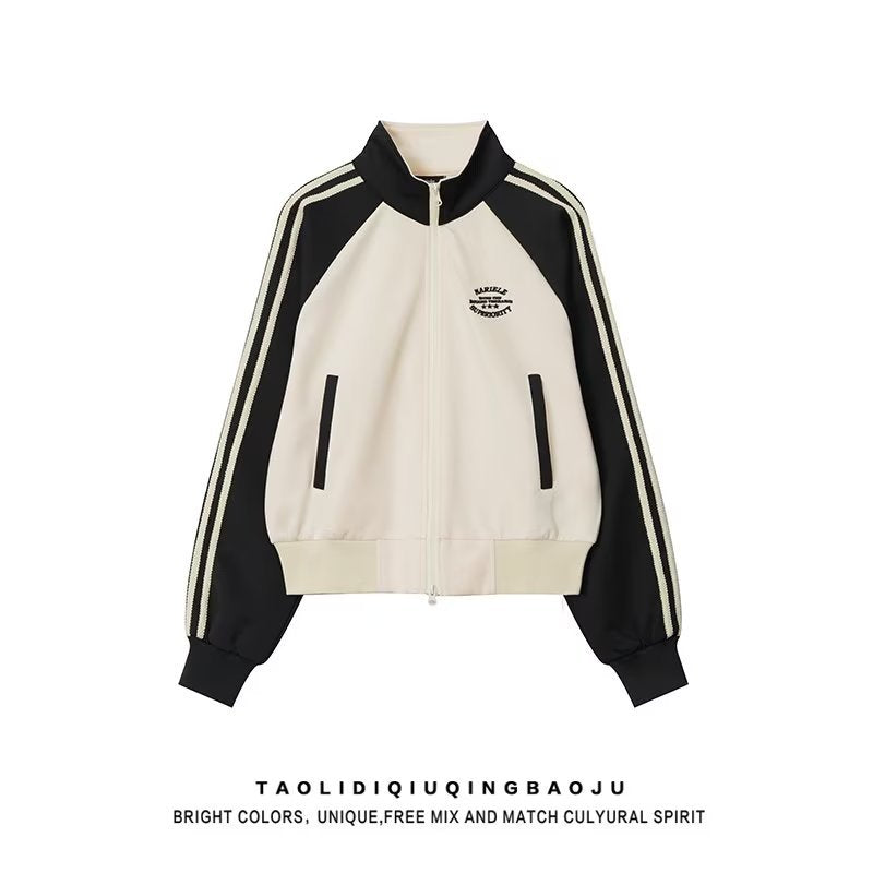 カラーブロックトラックジャケット アイボリー×ブラック 平置き商品イメージ