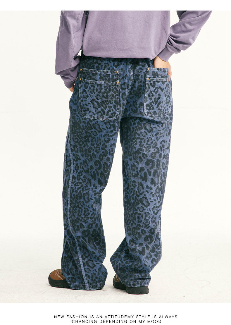 レオパード柄ワイドデニムパンツ ブルー 後ろ姿 着用イメージ