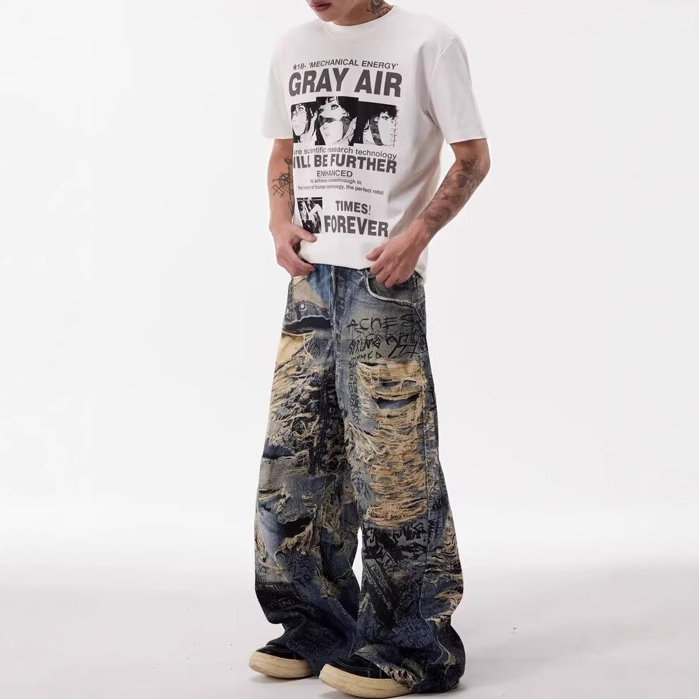 Distressed Graffiti Wide-Leg Jeans