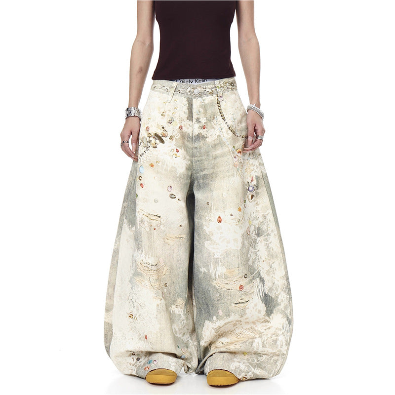 スパンコール ビーズ ワイドデニムパンツ サイドチェーンディテール High land