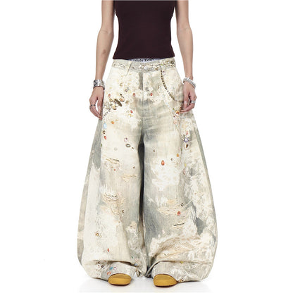 スパンコール ビーズ ワイドデニムパンツ サイドチェーンディテール High land