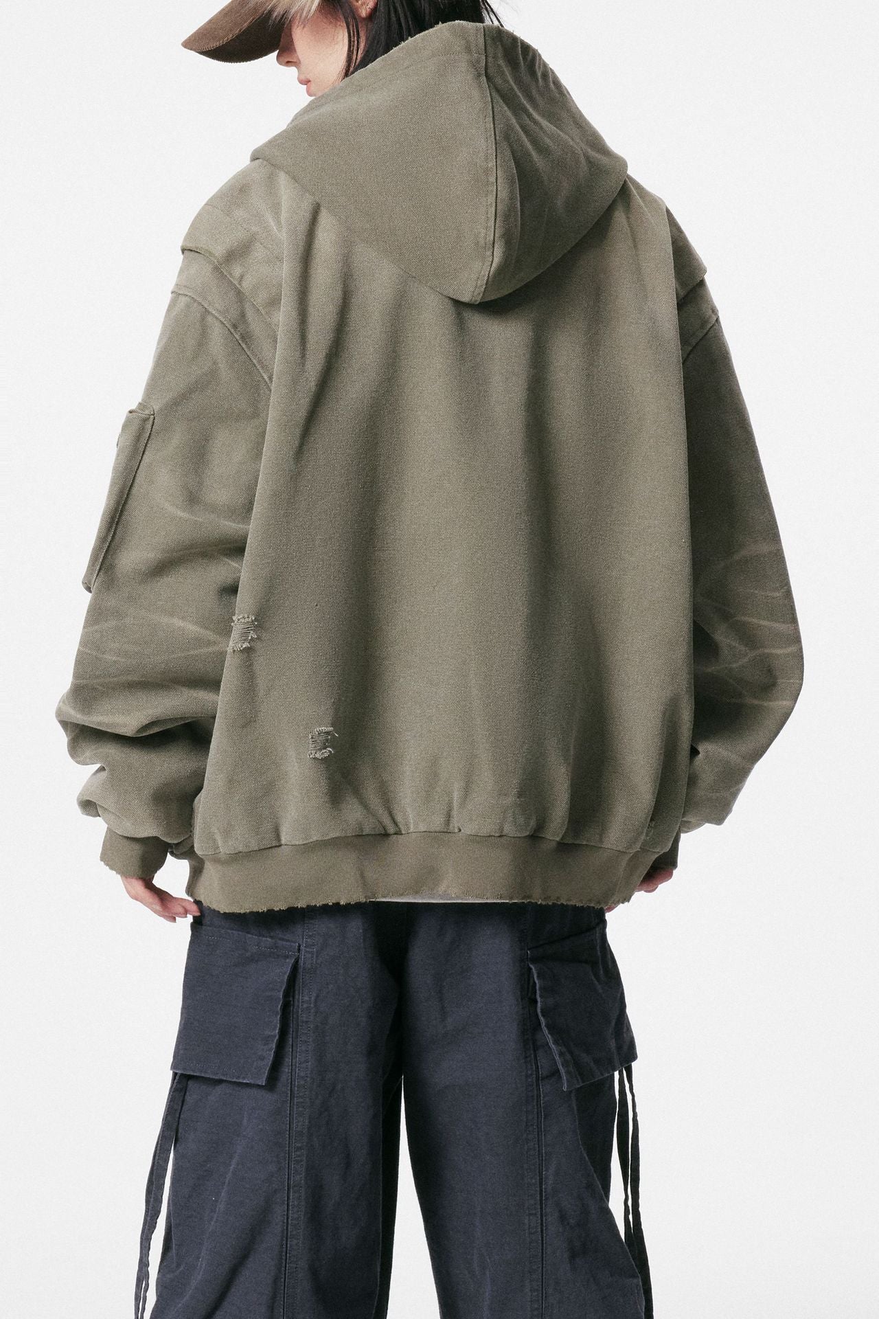 カーキ ヴィンテージダメージ フードジャケット バックスタイル ユニセックス Highland