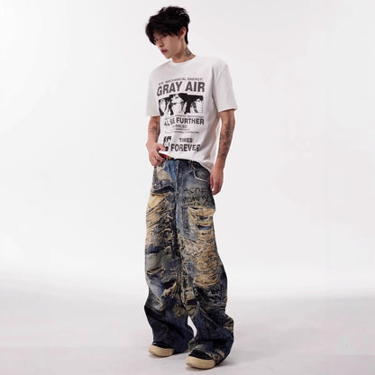 Distressed Graffiti Wide-Leg Jeans