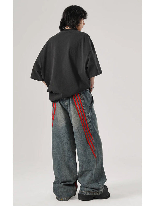 サイドラインワイドデニムパンツ バックスタイル レッドラインデザイン 個性派ストリート High land