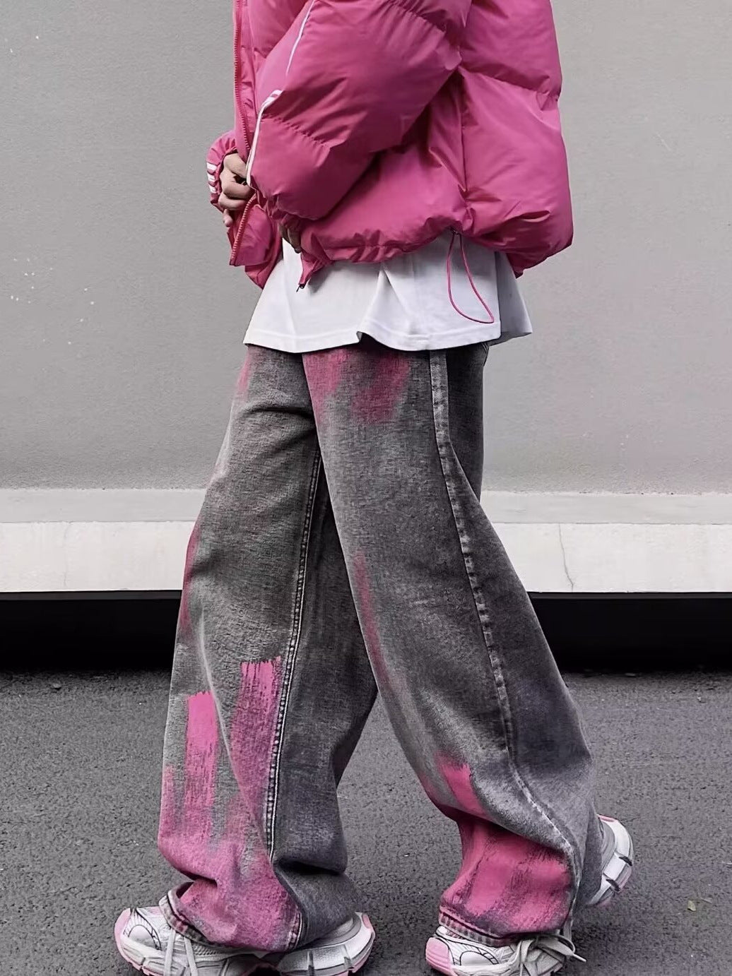 グレーデニム ピンクブラッシュ ワイドパンツ 正面着用イメージ High land