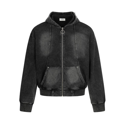 リングジップ＆オーバーサイズ　ウォッシュブラックジップアップパーカー正面・High landストリート系