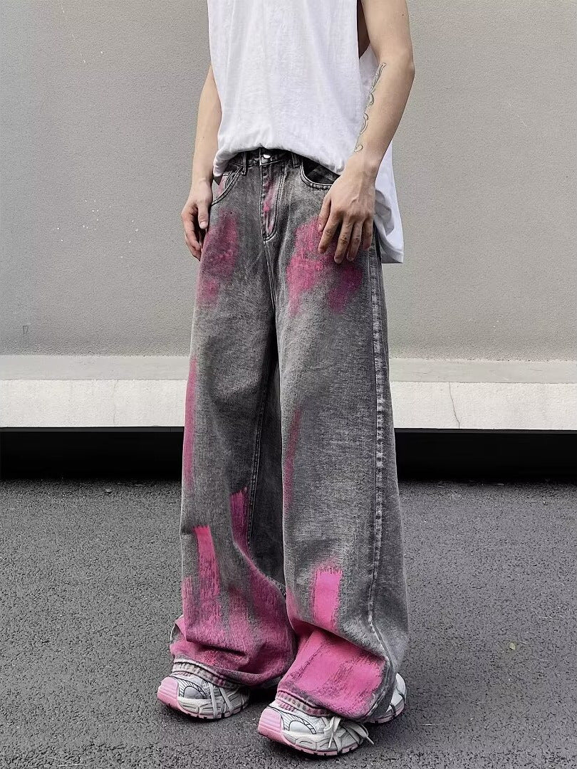 グレーデニム ピンクブラッシュ ワイドパンツ サイド着用イメージ High land