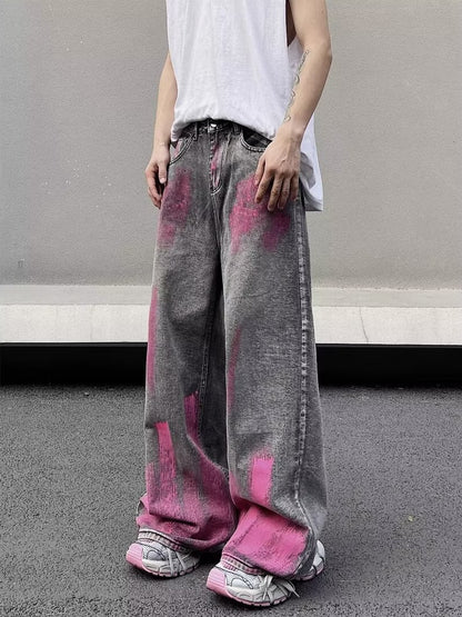 グレーデニム ピンクブラッシュ ワイドパンツ サイド着用イメージ High land