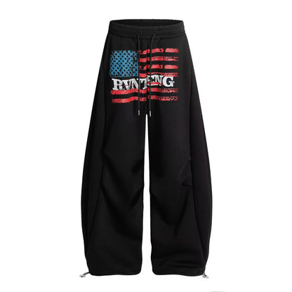 フラッグプリント ワイドスウェットパンツ ブラック 正面着用 High land